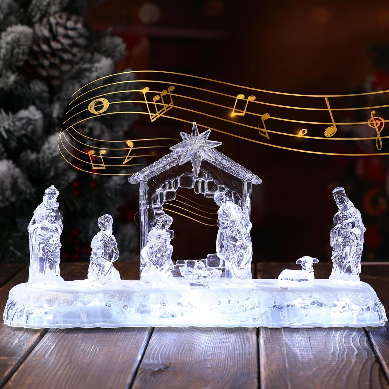 13 Inch Nativity Sets Indoor Decor for Christmas LED Acrylic Clear Lighted Musical Nativity Scene People Set Decorations for Xmas Home Table Shelf Christmas Religious Gift